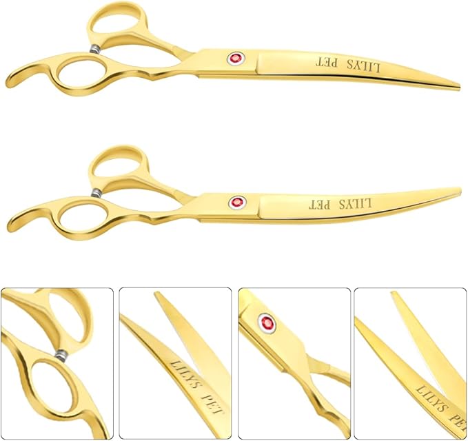 LILYS PET Professional PET DOG Grooming Coated Titanium scissors suit Cutting&Curved&Thinning shears (7.0 inches, Gold)…