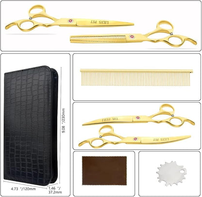 LILYS PET Professional PET DOG Grooming Coated Titanium scissors suit Cutting&Curved&Thinning shears (7.0 inches, Gold)…