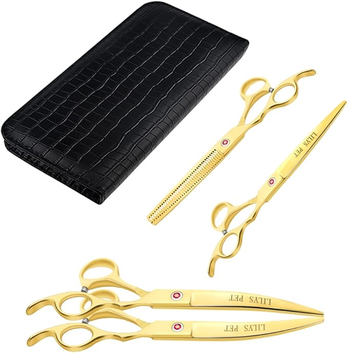 LILYS PET Professional PET DOG Grooming Coated Titanium scissors suit Cutting&Curved&Thinning shears (7.0 inches, Gold)…
