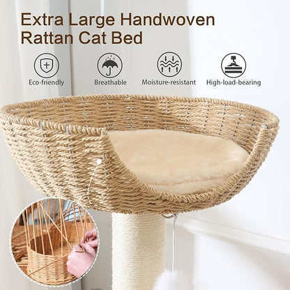 Wooden Cat Tree for Large Cat, 49.6-Inch Tall Cat Tower with Scratching Post for Indoor Cats, Multi-Level Cat Condo with Hand-Woven Cat Bed and Scratching Board Easy to Clean