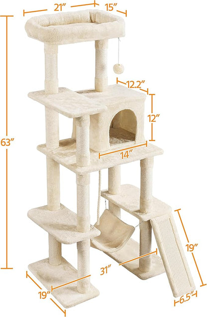 Yaheetech Cat Tree, 63 Inches Multi-Level Indoor Cat Play Structure with Scratching Posts, Hammock, and Dangling Ball