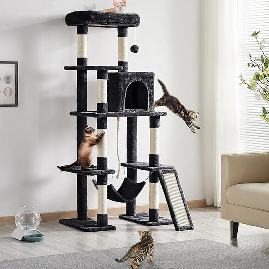 Yaheetech Cat Tree Cat Tower, 63in Multi-Level Pet Furniture for Indoor Kitten w/Sisal-Covered Scratching Posts & Condo, Activity Center for Kitty, Black